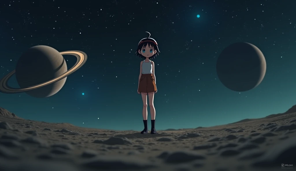 Mii girl on a deserted planet on deep space, you can see two more planets with rings, not chibi, thin tall body,  black hair, short hair, ahoge, blue eyes, a red strap on hair, a red foot tattoo on her right cheek, Mii wears a brown skirt, long socks,  In the style of Makoto Shinkai。master piece, ultra detail, precision, ultra-realistic, anime art,
