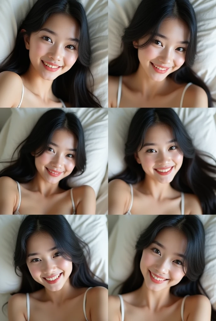 Beautiful fair girl smiling pic lying on bed collage with 6 selfies with different smiling poses with closed lips straight black hair ... In bra not very revealing