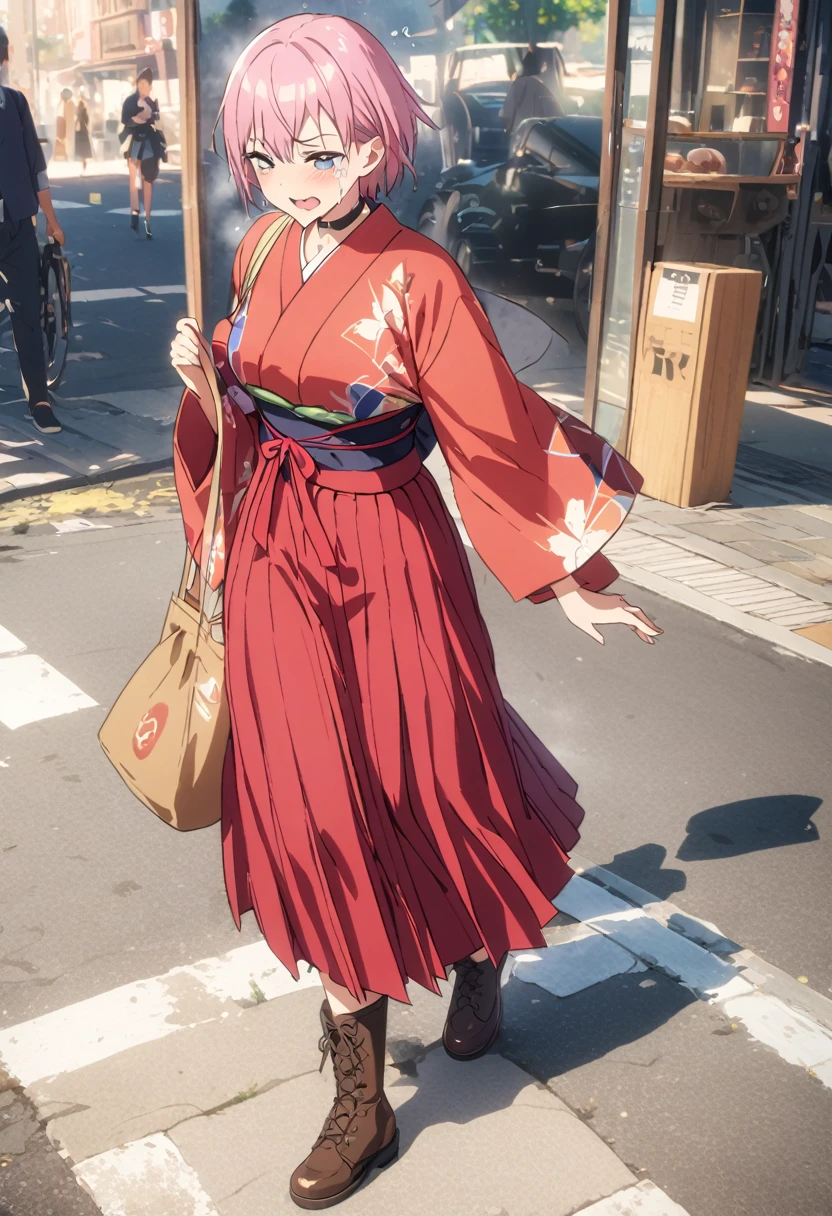 (Highest quality, 4K, 8k, High resolution, masterpiece:1.2), Very detailed, Picturesque, Animated Photography, Photo Animation:1.37)、Japanese schoolgirl、(Pink Hair)、(short hair)、stnding、meiji schoolgirl uniform, hakama, hakama skirt, japanese clothes, kimono, cross-laced footwear, lace-up boots, Houndstooth pattern、black choker、Ecstasy face、Sweat、Are crying、vapour、trembling、Full body photography、Nakano ichika