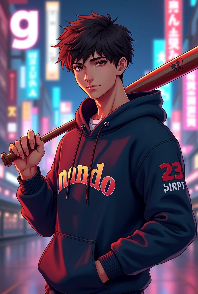 Create a character cute anime, {{background: large text “GLBK”, night city}}, tanned skin,
realistic, HDR, handsome, japan style, full body, use stick baseball, age 20, hoodie HD text: “NANDO”