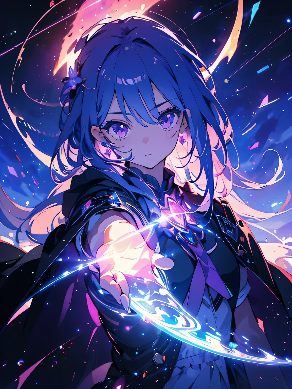 artwork, Better quality, Ultra Detailed, illustration, , , 1 girl,Solitary, image body, flower, Looking at the audience, , , Purple Eyes, Eyes are like gems, Extremely detailed eyes, The face is extremely detailed,, , Star (Sky), constellation,  Purple energy,  armrest, meteor