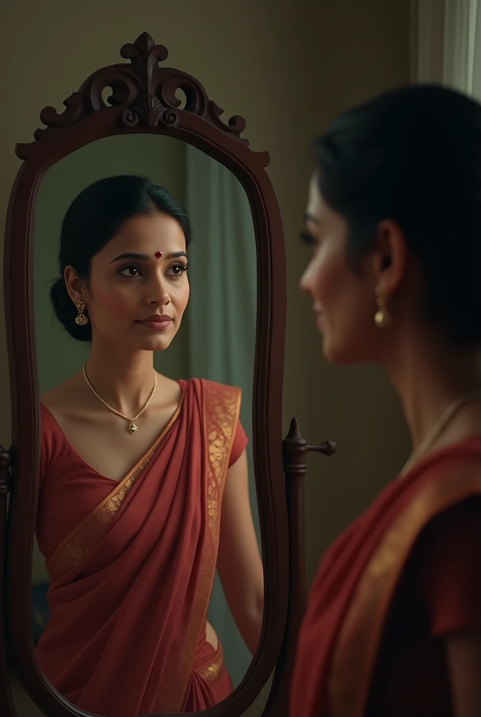 An indian woman looks at her younger self in the mirror