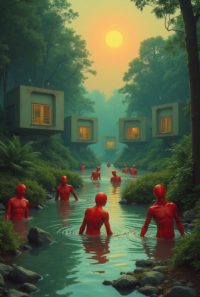 Let there be lots of square houses in an abandoned forest, let there be sun in the sky, but let the red people swim naked in the stream, let it be retro.