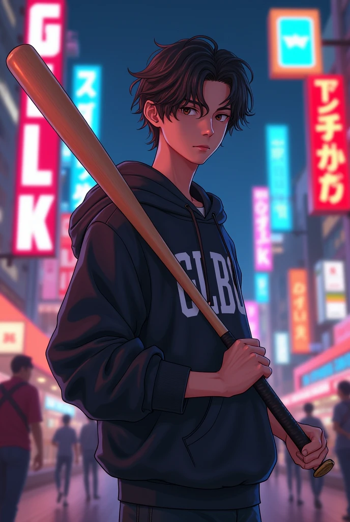Create a character cute cibi boy, {{background: large text “GLBK”, night city}}, tanned skin,
realistic, HDR, handsome, japan style, full body, use stick baseball, age 20, hoodie HD text: “NANDO”