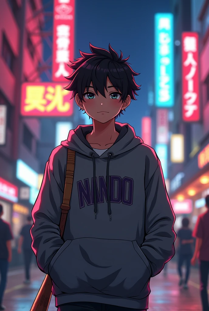 Create a character cute cibi boy, {{background: large text “GLBK”, night city}}, tanned skin,
realistic, HDR, handsome, japan style, full body, use stick baseball, age 20, hoodie HD text: “NANDO”