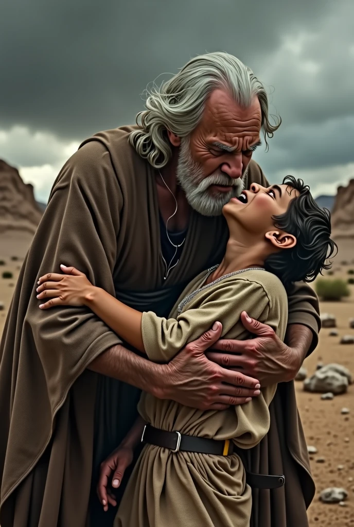 jacob violently attending to cut isaacs throat offering sacrifice his son to god biblical scene of violence scared angry horror photography wide angle