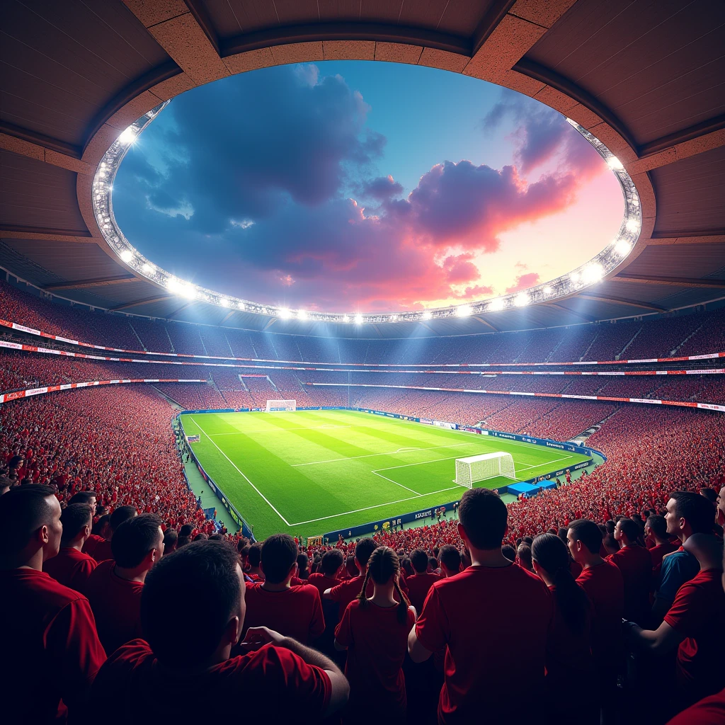 An exciting football match in a stadium full of spectators and floodlights, Passionate crowd, Dazzling stadium floodlights, Spectacular and inspiring moments, vibrant atmosphere, Mexican-themed, Dessert themed, Fantasy-themed stadium.