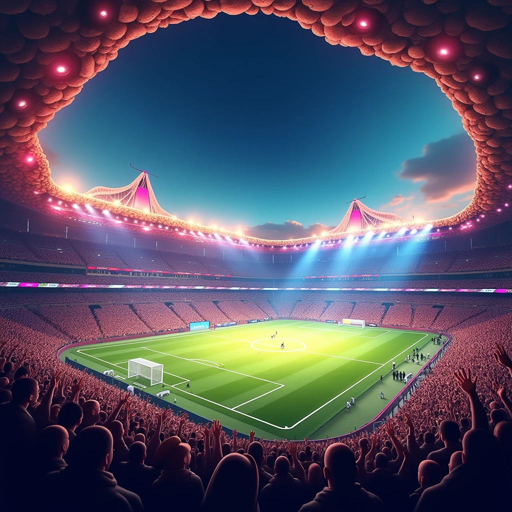 An exciting football match in a stadium full of spectators and floodlights, Passionate crowd, Dazzling stadium floodlights, Spectacular and inspiring moments, vibrant atmosphere, Mexican-themed, Dessert themed, Fantasy-themed stadium.