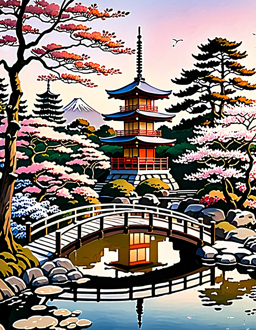 (digital painting),(Best quality), quiet japanese garden, cherry in full bloom, koi pond, pedestrian bridge, pagoda, Ukiyo-e Art Style, Hokusai inspiration, Deviant art is popular, 8k ultra realistic, pastel color scheme, soft lighting, golden hour, calm atmosphere, Landscape orientation