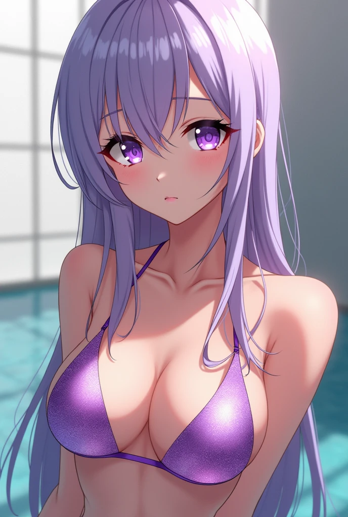 Anime girl Nano Eiai with light purple hair and serious expression , thin with big breasts , purple bikini showing nipples