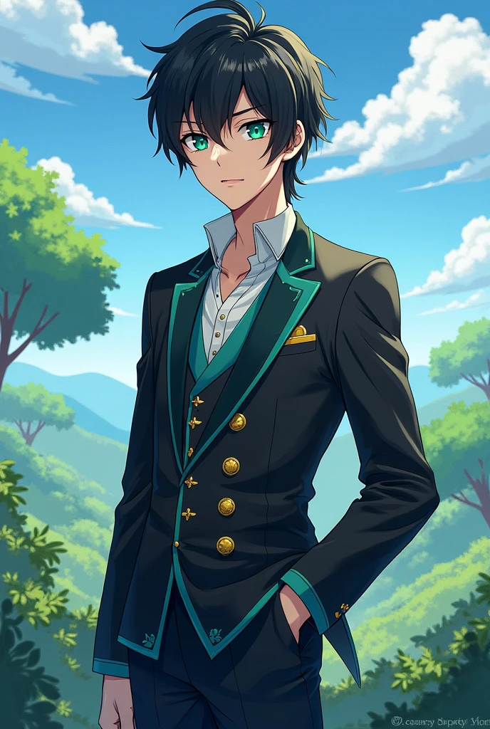 Anime boy medium long black hair and turquoise eyes serious with feet head roa gemshin impact standing handsome showing full body
