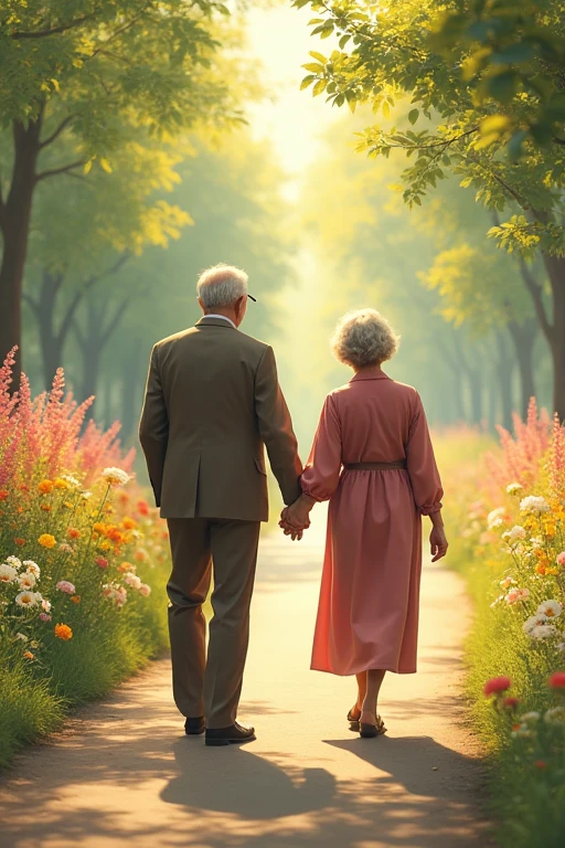 An old man and an old woman are walking hand in hand down a long road。flowers blooming around it