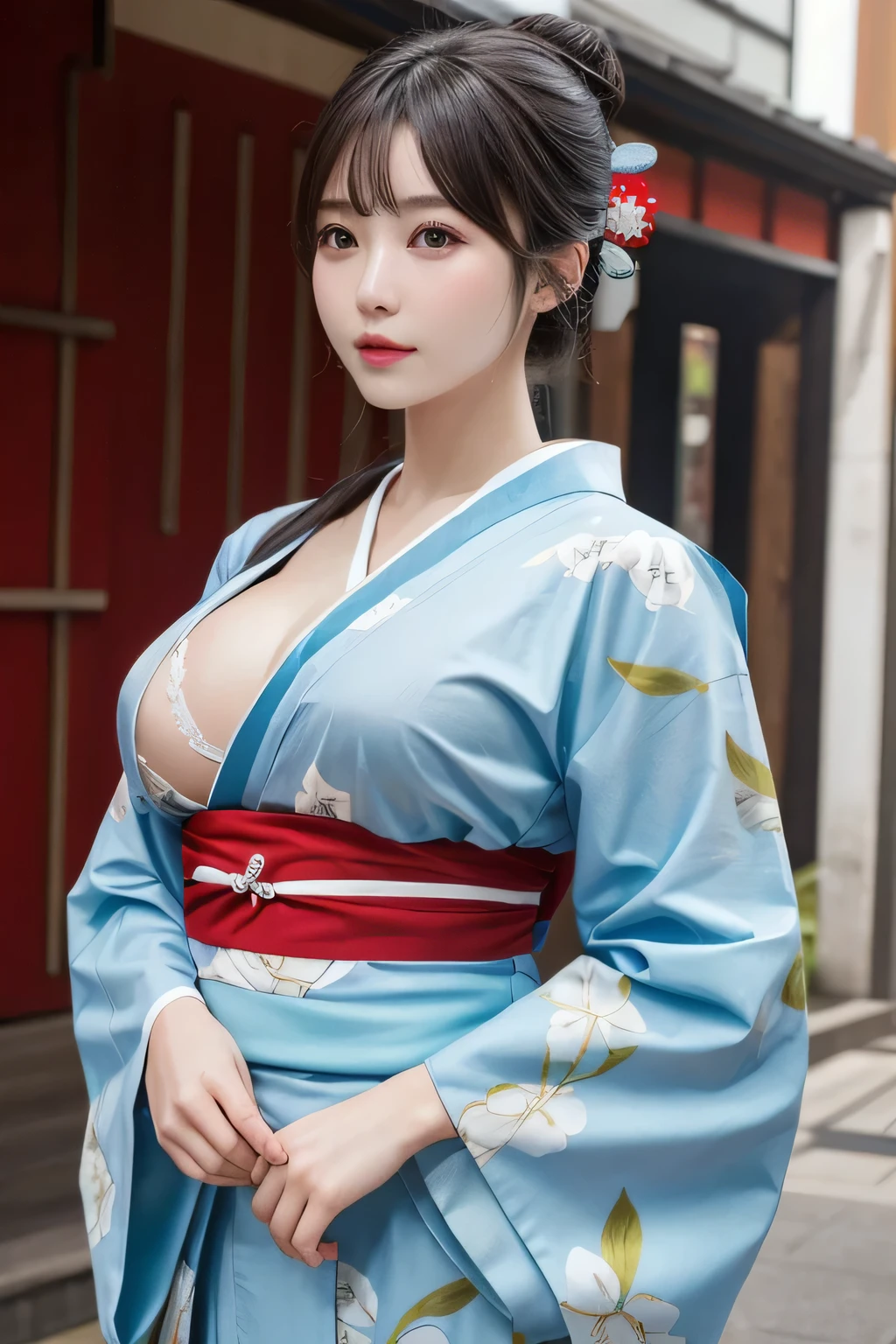 One Girl, 1 person,Highest quality,High resolution,超High resolution,8k,Realistic,Upper Body,encounter_audience,Large Breasts, the body is slim,(Kimono 1.2)