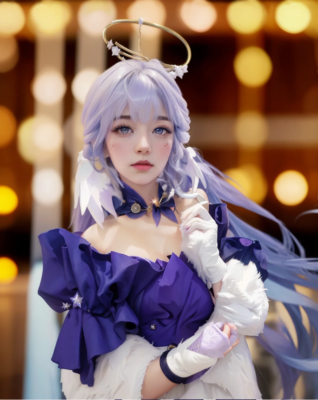 ((ROBIN_HONKAI STAR RAIL),((realistic, photorealistic)),(highlight hair)), Light reflection, (( HD )),((upper body)), (((best quality, masterpiece))), (masterpiece) (best quality) (detail) (8k) (HDR) (wallpaper) (cinematic lighting) (sharp focuasterpiece, best quality: 1.1), Real life adaption of this character, Asian beauty face, Shining Purple eyes, realistic outfit, realistic shadow, realistic light, realism, hyper realistic, realistic background,(photorealistic:1.2), masterpiece, best quality, 1girl,robin,head wings,strapless dress,white gloves,white dress,purple dress,collarbone,Makeup room background,blur lights , accessories,undefined, undefined, undefined, undefined, undefined, undefined, undefined, undefined, undefined,