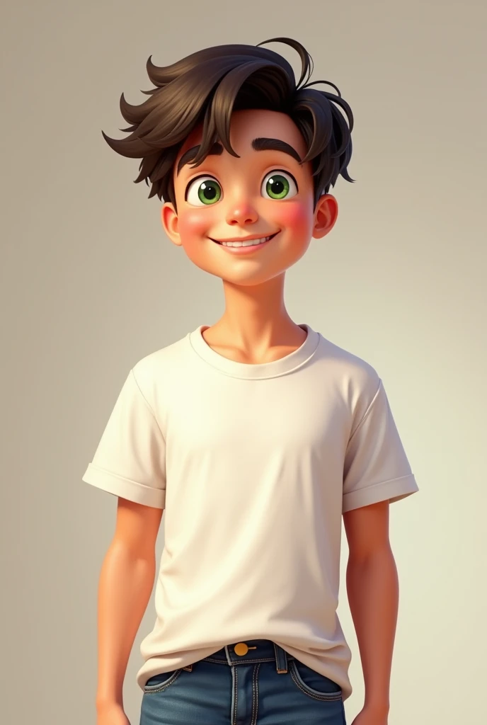 A teenage boy with green eyes and black hair, with a smile. He wears a white t-shirt and jeans.