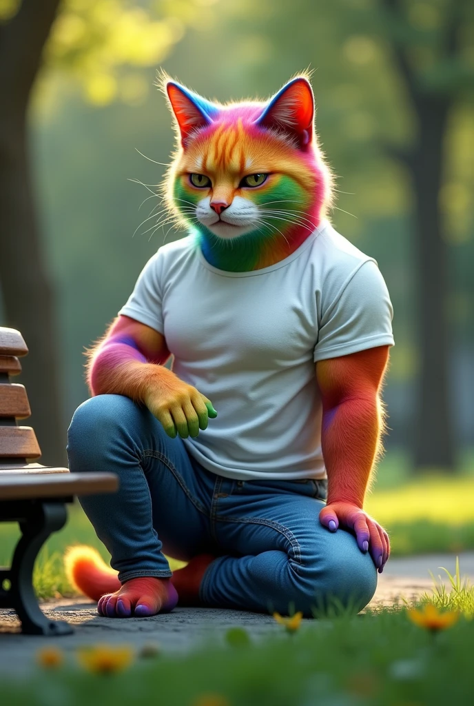Ek muscular rainbow cat jisne white t-shirts and blue jeans pehni h pehni h wo ghutno k bal betha h Or uske face par udasi h seen park ka h Or samne bench h Or charo Or ghass 