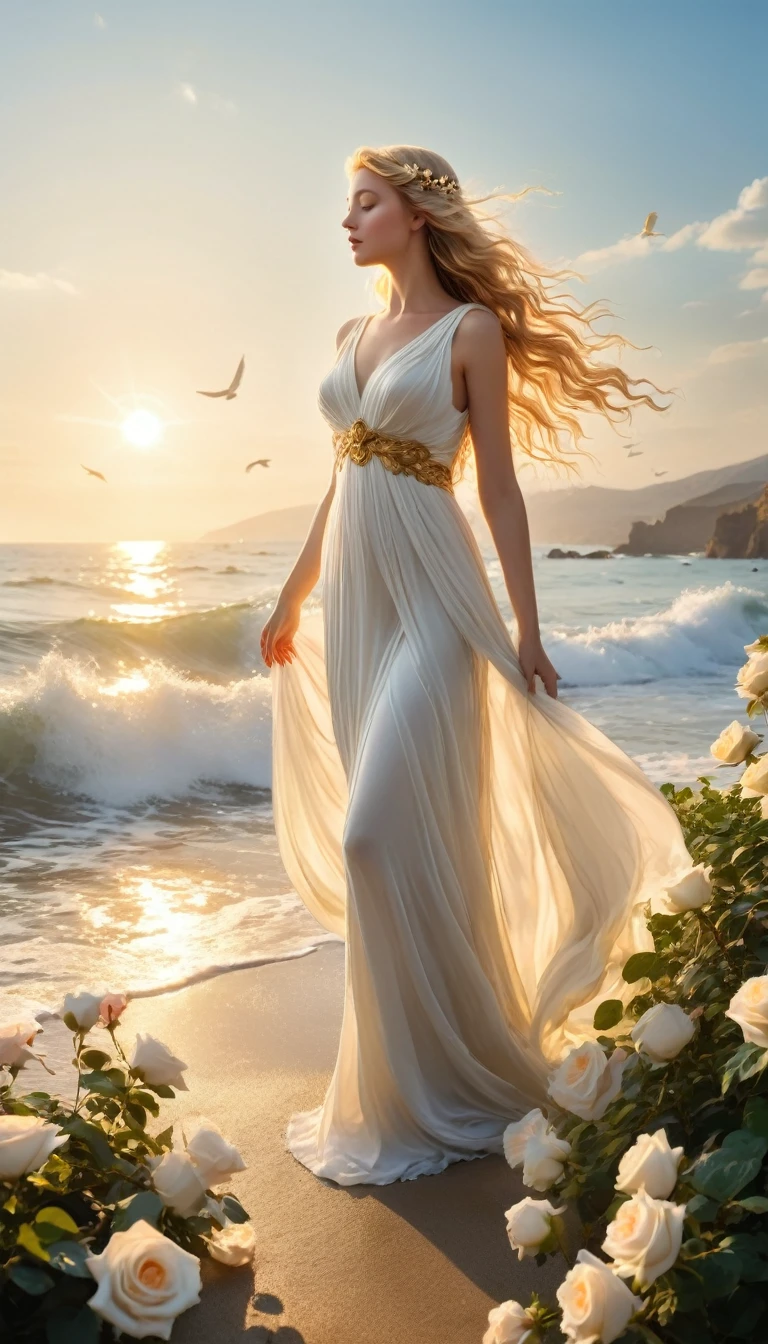 Aphrodite, ethereal, golden hair, (flowing:1.2), soft waves, outdoors, surrounded by blooming roses, holding a delicate shell, sunlight filtering through lush greenery, (doves fluttering), white flowing gown, ancient Greek, glowing with a radiant aura, serene expression, standing near the edge of a calm sea, gentle waves lapping at her feet.