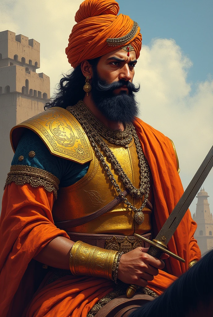 "Create a detailed and historical portrait of Shivaji Maharaj, the renowned Maratha king. He should be depicted wearing traditional Maratha armor, including a breastplate and chainmail, and adorned with a regal turban or crown. Include his prominent beard and mustache, with a determined and valiant expression. He should be shown in a commanding pose, possibly on horseback, holding a sword and dagger. The background should feature elements of a fort or mountainous terrain, symbolizing his strategic military prowess. Use a rich color palette with vibrant saffron, gold, and deep blues to reflect his royal status."