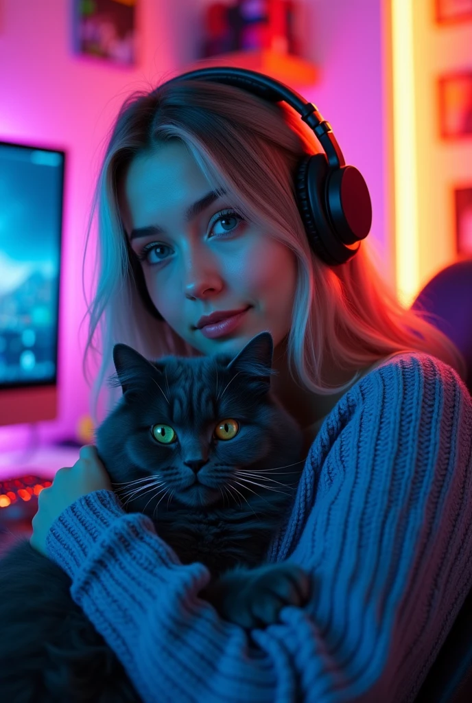 
Create a Girl 2. beautiful medium size breasts. Wearing a blue knitted sweater. Headphones on the head.  Sitting in a computer gaming room with beautiful neon lights. With ash-colored hair and gray-green eyes. Frontal position of bodies. cat (animal) dark gray color, plain without spots, breed British lop-eared. fluffy. Young woman, hugging a cat, Happy. colorful picture. Love. Not long straight hair, 