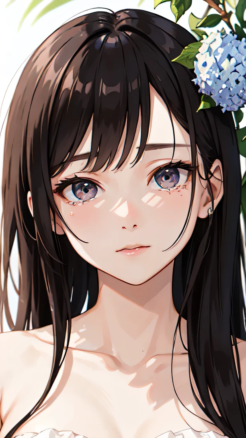 ((Highest quality)), ((masterpiece)), (detailed), One beautiful girl,Almond Eye,Hydrangea Tears、A pale color seeps into your heart, The seasons change、Even after time has passed, Your memory remains, **In the rain, your memory remains**,Close up of face