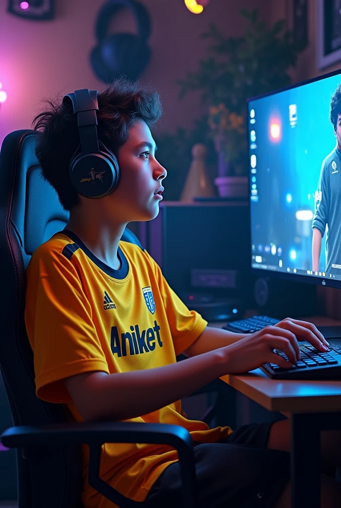 1)A age boy is sitting in his Gaming room and watching a black video on TV. The boy is wearing a free fire jersey with the name  Aniket written on it.