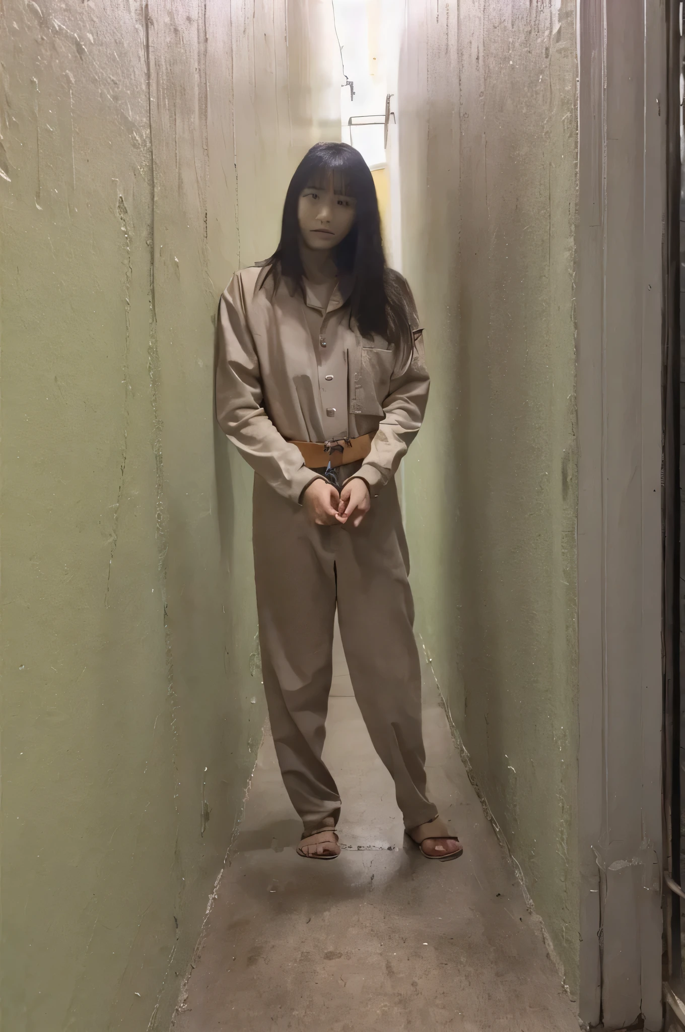"A beautiful asian girl with long, straight black hair is wearing a brow, long-sleeved prison uniform with matching pants. She is in a women’s prison, standing in a dimly lit prison corridor. Her hands are cuffed in front of her, and she is wearing plain rubber slippers on her feet. The corridor is narrow, with gray concrete walls and metal-barred cell doors lining the sides. 