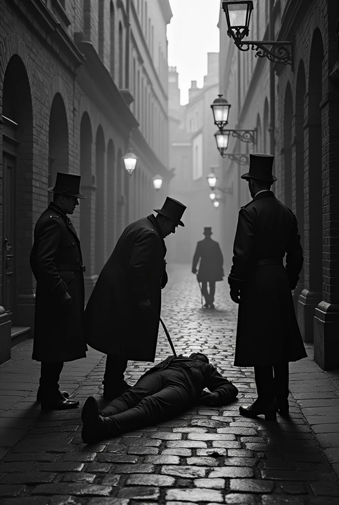 An old black-and-white crime scene photo from the 1880s showing three British police officers investigating a body found in a London alley. The wall is smeared with blood, with one officer securing the scene while the others examine the body.