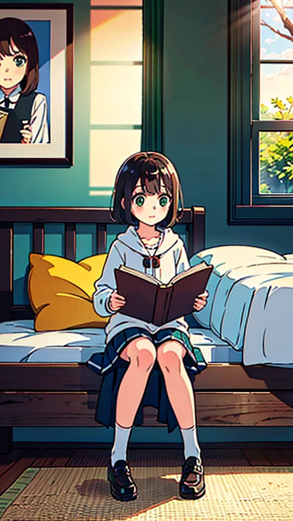 ((high quality)), ((masterpiece)), 8k, -old girlight rays, extremely detailed, 8k wallpaper, ((full body)), cute clothes, sitting, reading a book under the tree, (background bedroom), kawaii, cute girl, brown hair, chanel short hair, green eyes, tiny girl,ldren, kid