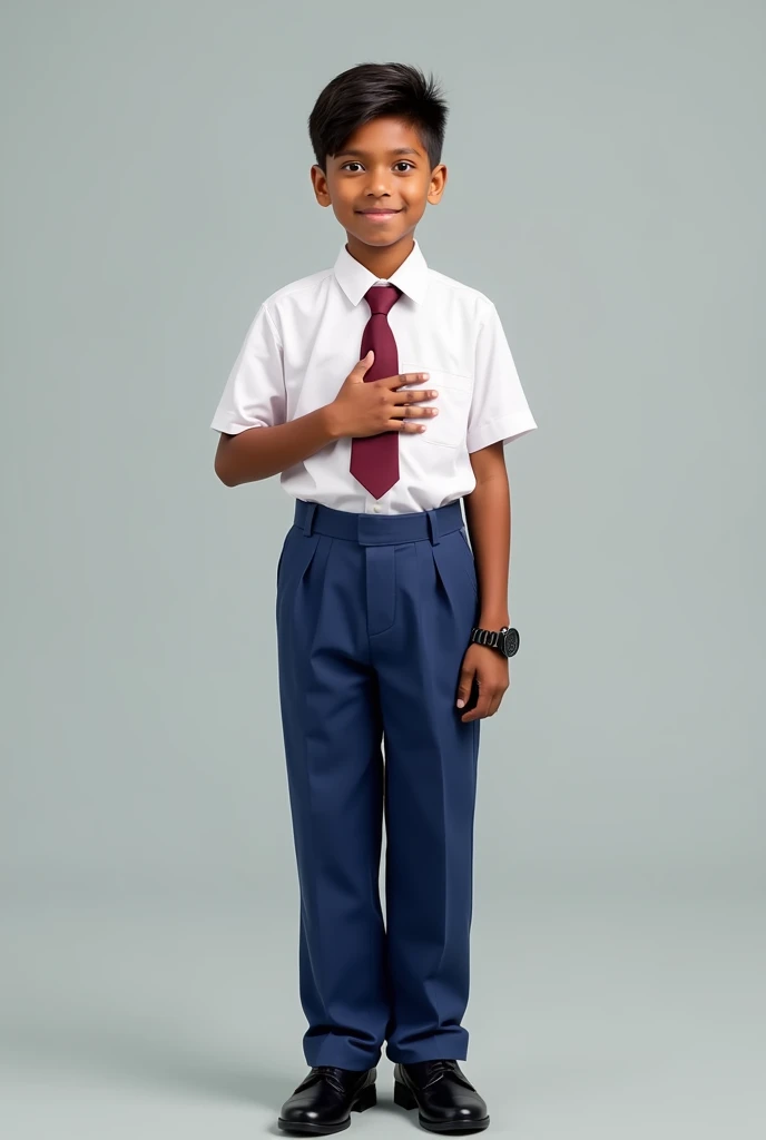 An full body from head to toe tamil origin boy school pupil in Malaysia primary school uniform with white shirt and blue long pants and a maroon necktieplacing right hand on left chest as a symbol of respect have wristwatch left hand on the side smiling face with school boy haircut with black school shoes

