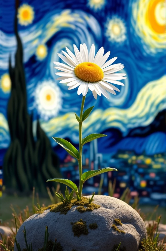 A chamomile flower ripening on a rock, with Van Gogh's Starry Night in the background