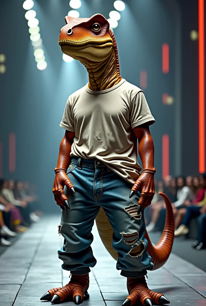 Dinosaur wearing t-shirt with jeans chiton set in fashion show full body photo real as in real life