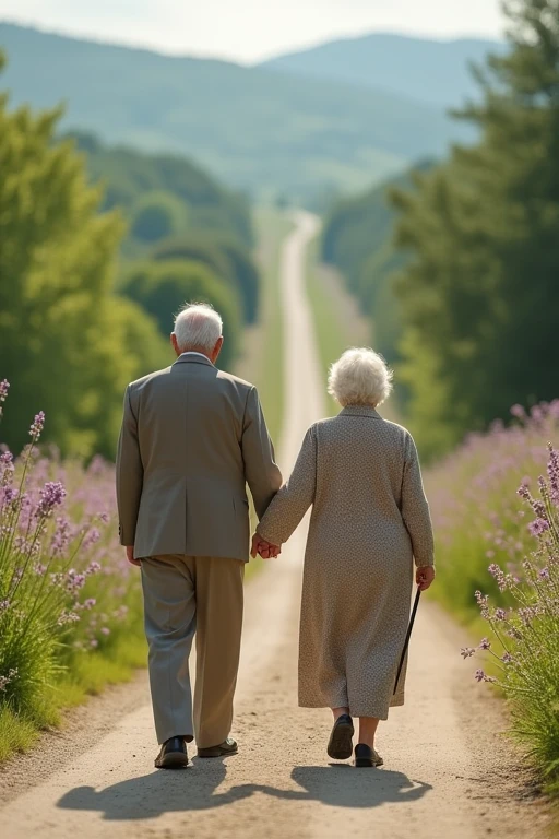 An old man and an old woman are walking hand in hand down a long road。flowers blooming around it。Image seen from afar