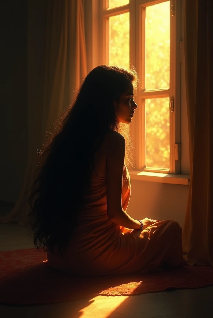 Make a pfp for me with some messages where a girl is sitting near the window from where the sun light is coning. It shud be her shadow only and the room is dark, indian girl not chinies make it light and easy to eyes not her face man, shadow only, open hair masages too
