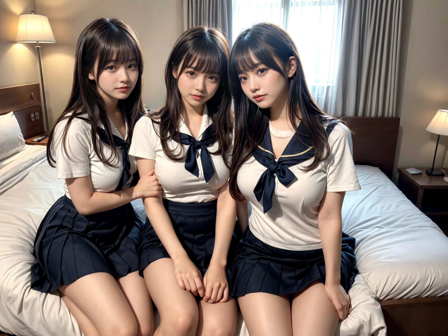 masterpiece, best quality, illustration, Super detailed, fine details, High resolution, 8K,wall paper, perfect dynamic composition,(Details High quality, realistic depiction of eyes:1.3), (3 girls), Black Sailor Uniform, serafuku, Navy pleated skirt, sitting, open legs, short bob hair, in a hotel room in the background, deep on field, large breasts, black hair color, Big Natural Color Lip, (perfect body shape), crying a little、Harajuku style、20 year old girl、cute type、beautiful legs, Gravure Idol