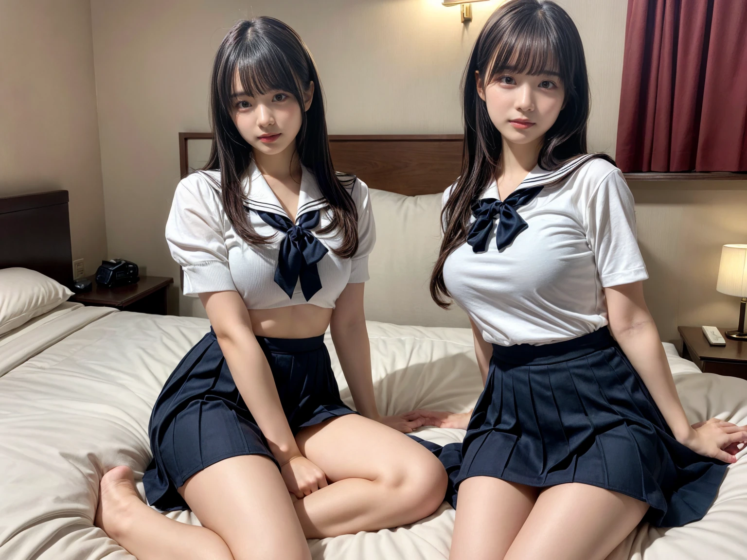 masterpiece, best quality, illustration, Super detailed, fine details, High resolution, 8K,wall paper, perfect dynamic composition,(Details High quality, realistic depiction of eyes:1.3), (3 girls), Black Sailor Uniform, serafuku, Navy pleated skirt, sitting, open legs, short bob hair, in a hotel room in the background, deep on field, large breasts, black hair color, Big Natural Color Lip, (perfect body shape), crying a little、Harajuku style、20 year old girl、cute type、beautiful legs, Gravure Idol