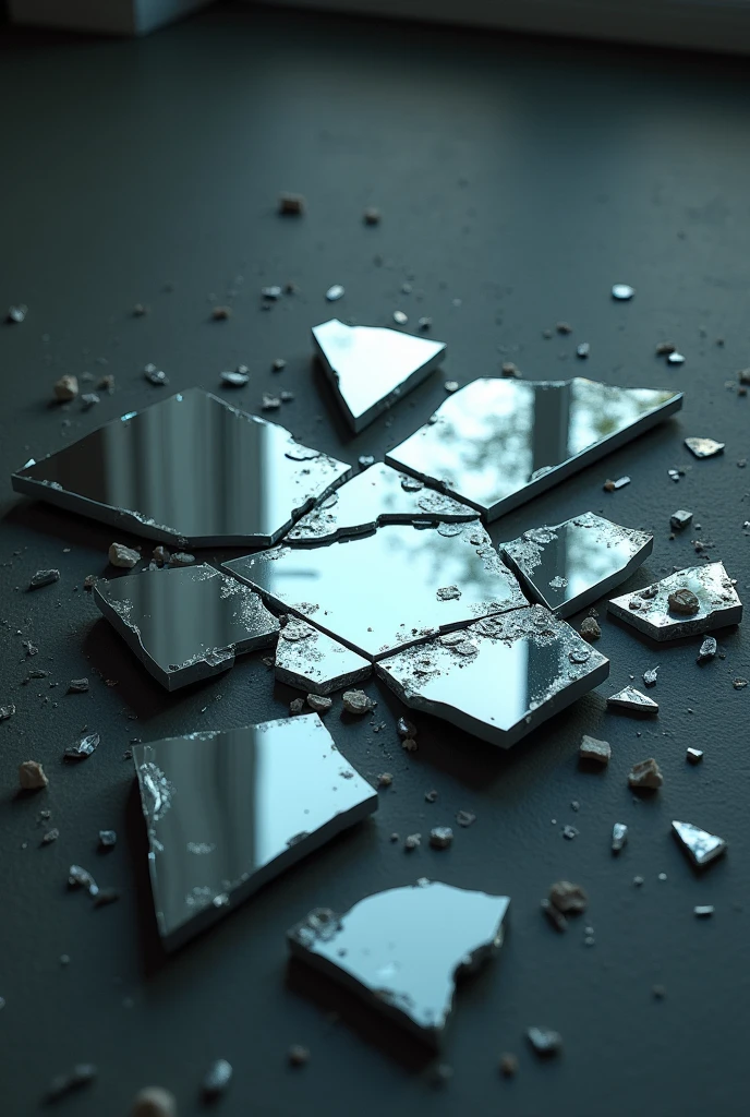 Broken mirror, fragments of which are scattered across the floor. This symbolizes broken dreams., lost hopes and vulnerability. Each fragment reflects different aspects of personality and experiences., who were affected by trauma.