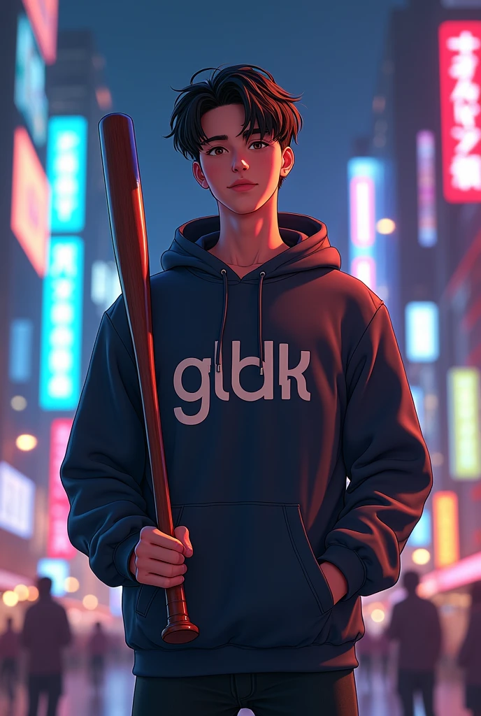 Create a character cute children boy realistic, {{background: large text “GLBK”, night city}}, tanned skin,
realistic, HDR, handsome, japan style, full body, use stick baseball, age 20, hoodie HD text: “NANDO”
