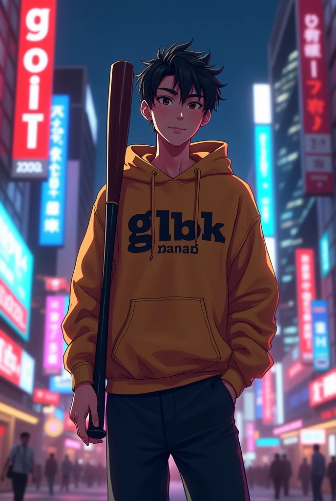 Create a character cute  boy realistic, {{background: large text “GLBK”, night city}}, tanned skin,
realistic, HDR, handsome, japan style, full body, use stick baseball, age 20, hoodie HD text: “NANDO”