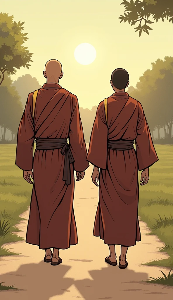 Scene: The monk and disciple walking onward, side by side, the disciple now looking more peaceful and reflective.
Character Description: Both the monk and disciple walk in harmony, with the disciple now appearing more at ease, having learned an important lesson. In comic style 