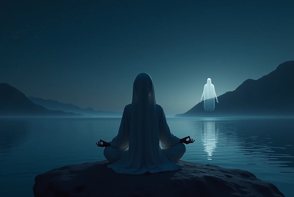 Arabian woman sitting on a rock in front of a lake at night, zen meditation, meditation pose, meditationする, meditationする pose, Float into a powerful Zen state, Spiritual Enlightenment, meditation, meditationする in lotus position, hindu stages of meditation, elven spirit meditationする in space, Calm expression, Calm emotions, yoga meditation pose, praying meditationする. [a distant lying body in white tunic floats on the river:1.3].