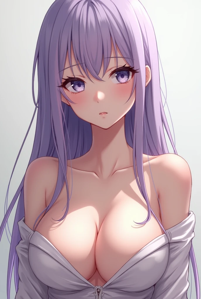 Anime girl Nano Eiai fair skin with light purple hair and serious expression. , thin with big breasts , Showing nipples