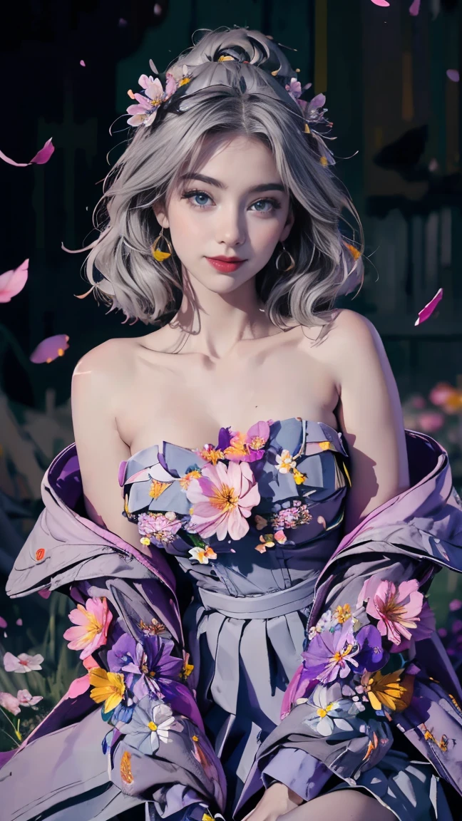 masterpiece, Highest quality, One girl, (colorful),(Beautifully detailed eyes and face),cinematic Lighting,Bust Shot,Highly detailed CG Unity 8k wallpaper,Gray Hair,alone,smile,Complex skirt,((Flying petals)),(Flowery meadow) null, cloudy_null, building, moonLight, moon, night, (Dark Theme:1.3), Light, Fantasy,