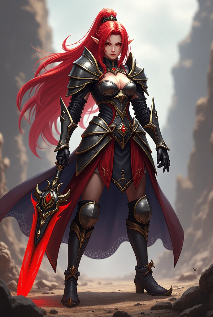 Mavuika from genshin impact, add more armour to look like a warrior, less revealing clothing, glowing red hair, claymore weapon, covered skin, chest plate, less revealing skin