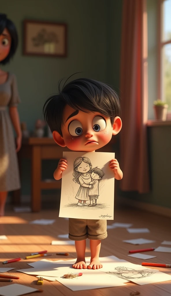 A skinny , cute, , , level 9)  Sad, tears streaming down her face, pencil-stained face, hiding the drawing on the paper in her hand, until the paper was wrinkled. It was a line drawing of the children drawing their mother and themselves, hugging each other, being happy, with a message saying: " I love my mom the most in the world. " The floor is covered with piles of unused drawing papers, piles of colored pencils strewn all over, scattered outside the box, in the style of a 3 mother, standing and scolding, looking angry at her child, making the room a mess, a 3D Pixar cartoon., cinema, Amazing, Masterpiece, dynamic view, full body,