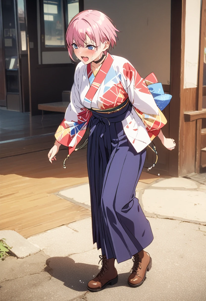 (Highest quality, 4K, 8k, High resolution, masterpiece:1.2), Very detailed, Picturesque, Animated Photography, Photo Animation:1.37)、Japanese schoolgirl、(Pink Hair)、(short hair)、stnding、meiji schoolgirl uniform, hakama,navy hakama skirt, japanese clothes, kimono, cross-laced footwear, lace-up boots, Houndstooth pattern、black choker、Ecstasy face、Sweat、Are crying、vapour、trembling、Full body photography、Nakano ichika
