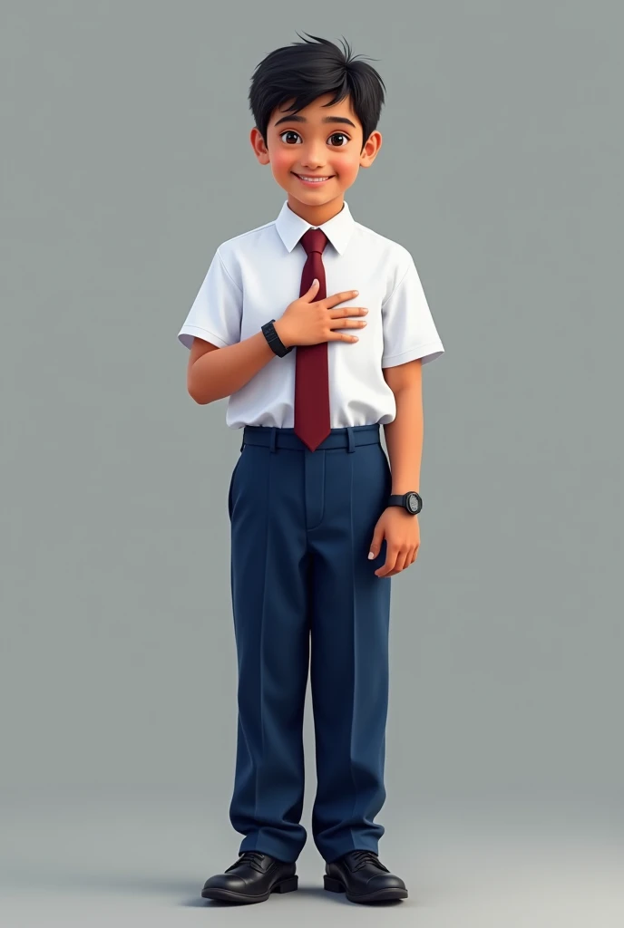An full body from head to toe tamil origin boy school pupil in Malaysia primary school uniform with white shirt and blue long pants and a maroon necktieplacing right hand on left chest as a symbol of respect have wristwatch left hand on the side smiling face with school boy haircut with black school shoes

