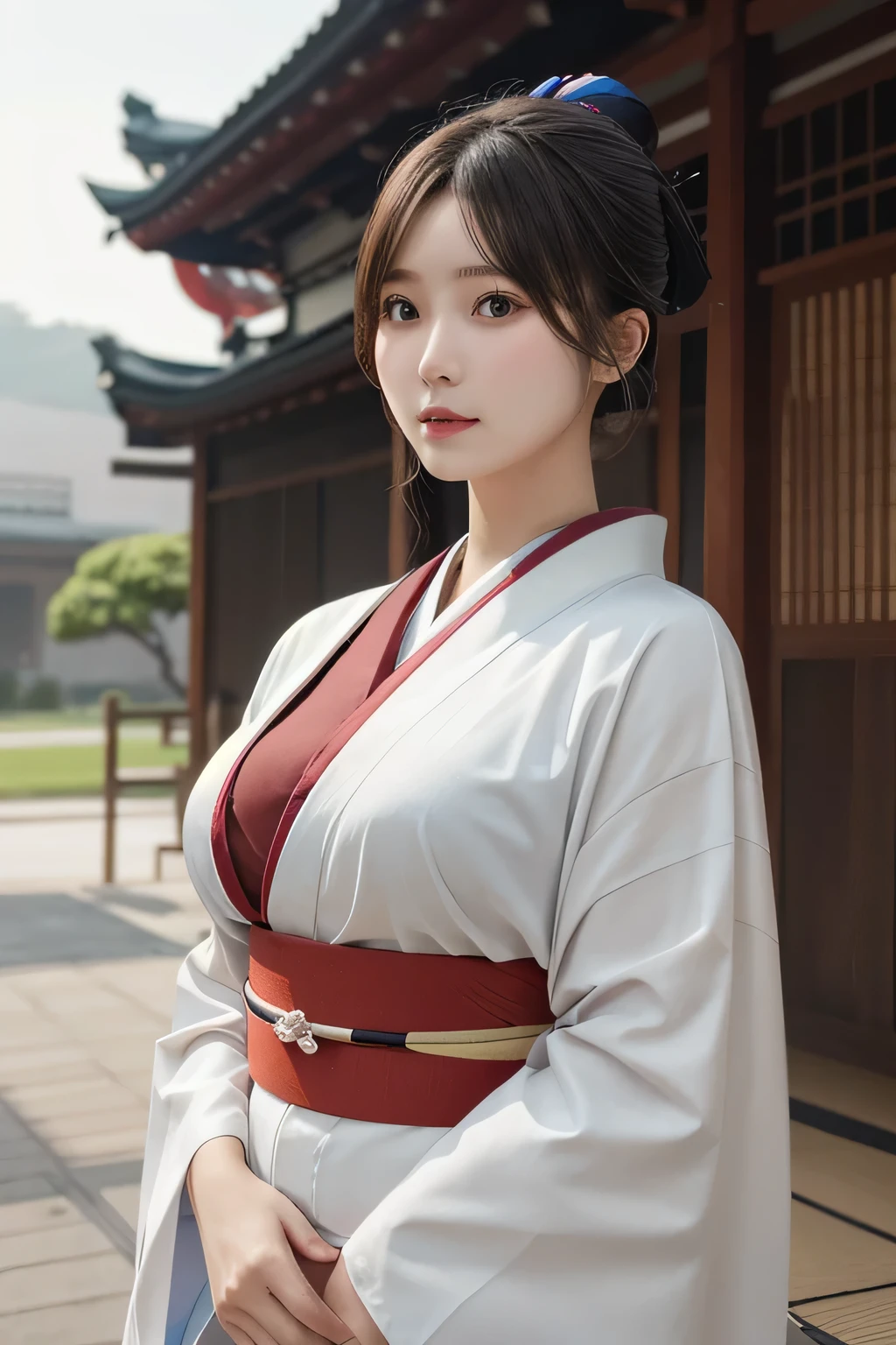 One Girl, 1 person,Highest quality,High resolution,超High resolution,8k,Realistic,Upper Body,encounter_audience,Large Breasts, the body is slim,(Kimono 1.2)