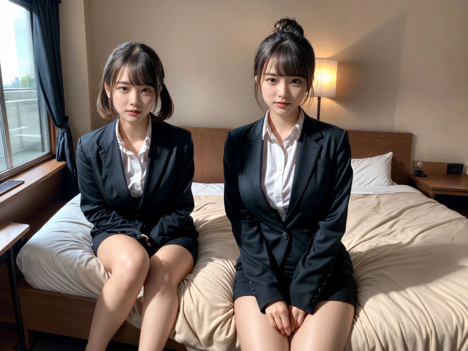 masterpiece, best quality, illustration, Super detailed, fine details, High resolution, 8K,wall paper, perfect dynamic composition,(Details High quality, realistic depiction of eyes:1.3), (2 girls), short hair, Office Lady, ,Suit,Collared shirt, Black Suit,Black jacket, updo, huge breasts, black hair color, Big Natural Color Lip, bold sexy pose, crying a little、Harajuku style、20 year old girl、cute type、lolita、beautiful legs, hotel room, full body photo、focus on crotch, hposing Gravure Idol, Sexy shot looking at camera, Sunset, by the window, Summer, make up, Curve