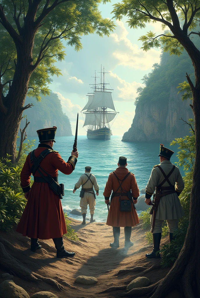Make me a runner zombie chase a british empire soldier, the soldier hold a sabre

And the soldier has get helpful by a british seaman with blunderbuss, the seaman has kill the zombie 

In san Sebastian island, they meet a france empire soldier group, 2 and 5 raise musket 

But they see a big royal ship, they raise cannon and shoot to attention the ship

And france and british has accept to become a team, they go in a place have three cannon inside, they hear fire work sound

They meet barry a british seaman on the place he say: hello i think i has attention a ship overthere, i can low the platform and get out here ,until to bring the platform back up!