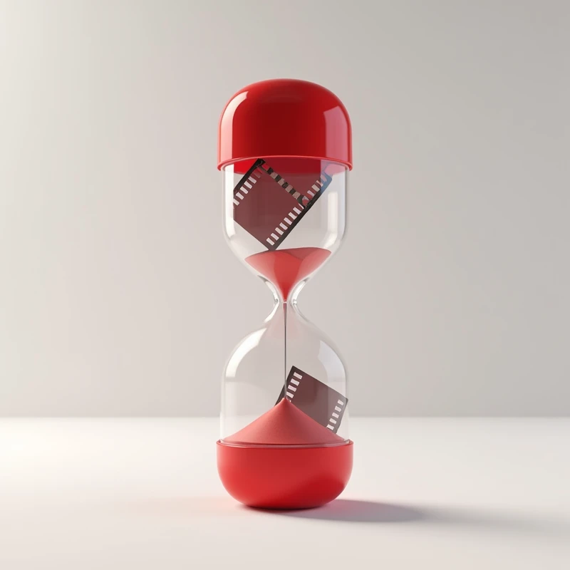 Create an empty red and white hourglass in the shape of a medicine capsule, and inside the hourglass have film strips rolled up.